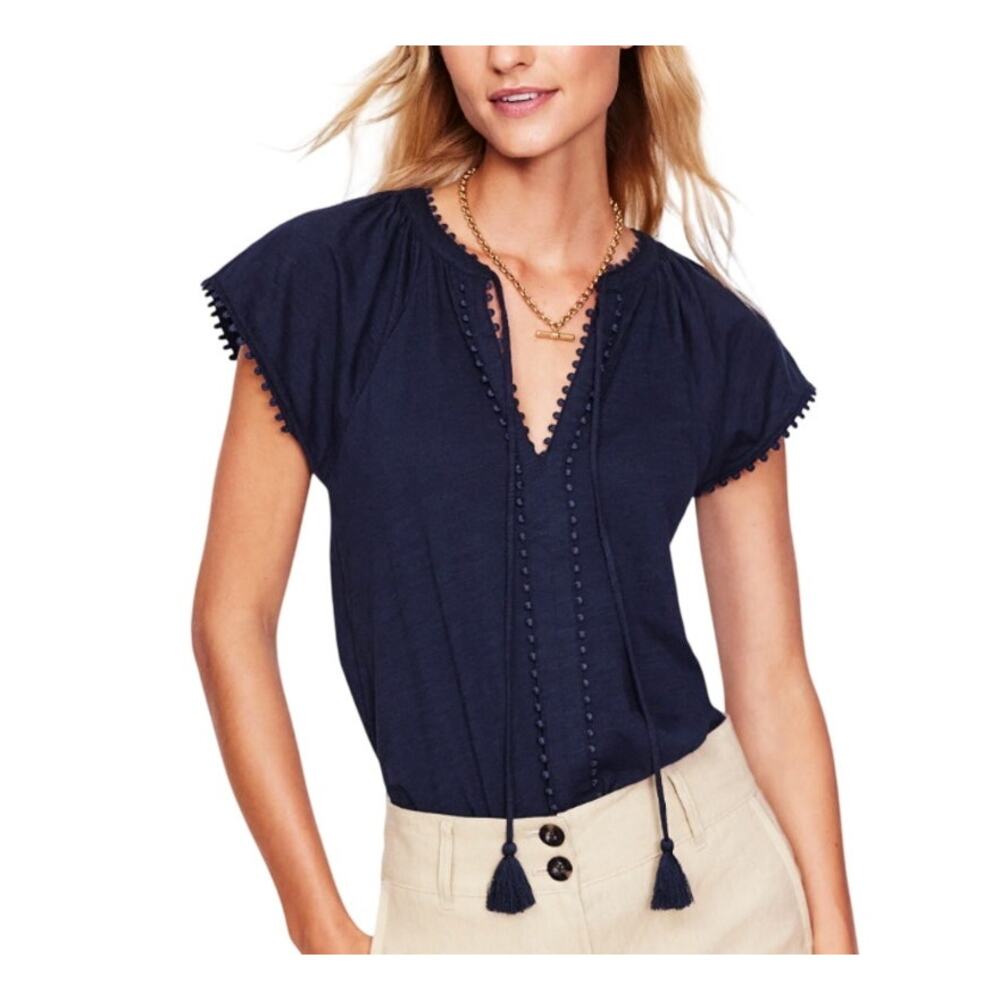 Boden Navy Millie Trim Detail Plus 100% Cotton Blouson Short Sleeve V-neck Top